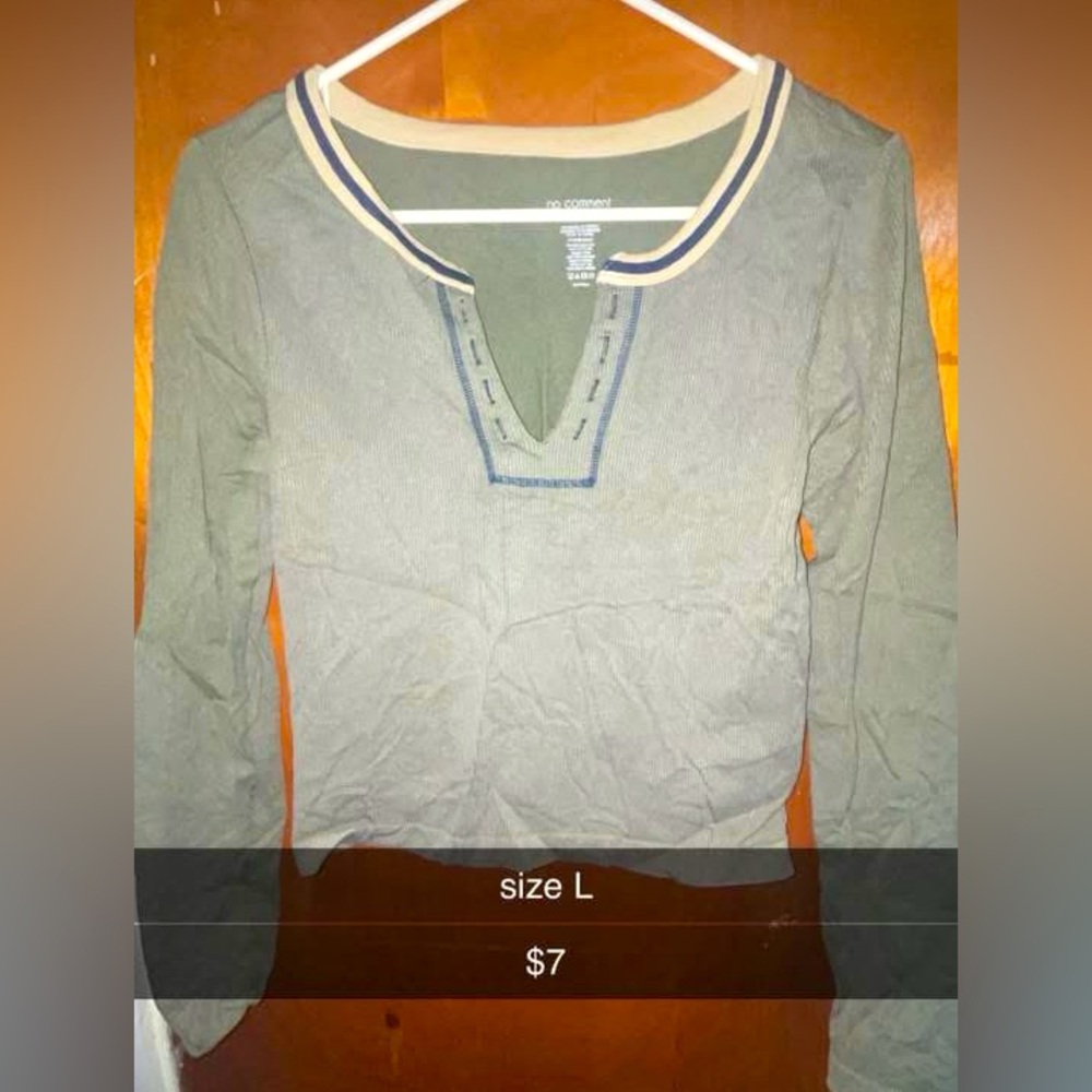 Gray Long Sleeve Top with Striped Collar